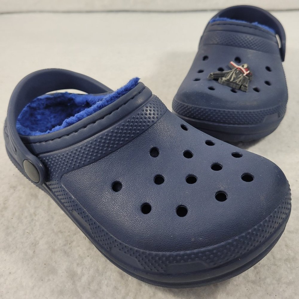 Crocs Navy Blue Slingback Faux Fur Lined Clogs Shoes Boys C 12